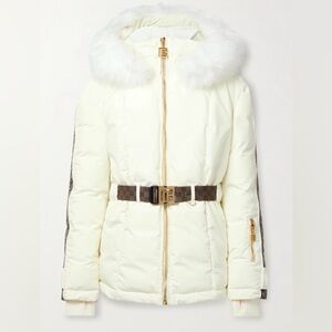 BALMAIN Belted hooded faux fur and jacquard-trimmed shell ski NWT FR36